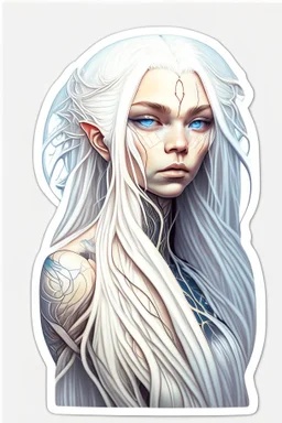 a sticker of a beautiful woman with a long white hair, veins connected to face and hair, Alex grey style, trending on artstaion, white skin, portrait of anime woman, inspired by Karol Bak, porcelain looking skin, connectedness, twitter pfp, yosuke ueno, blonde girl, anatomically perfect, biopunk armor