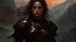 A formidable warrior girl in black armor, on the background Amazing gloomy landscape, flooded with sunset, mountains, trees, fabulous scary hero, , juicy emotions, painting, dark fantasy, gloomy day, dark world, portrait, by Alyssa Monks & Raymond Swanland & James Paick & Anna Razumovskaya