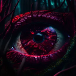 eyee in the forest enchanted, holographic, darkred tones, 8k, macro photography,