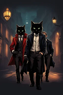 Design a book cover for fantasy criminal story. One teenage girl and two boys are on the town street—Black Cat as a company. The book is for teenagers—modern style. renoir style