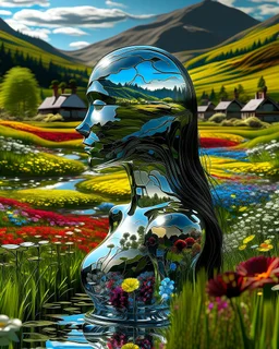 The picture shows a black-and-white space in which there is a (((glass figure of a girl))), shining through. ((Transparent glass body)). Behind her transparent glass figure, an amazingly beautiful colorful landscape opens with a field of summer flowers, a river and several rural houses on the shore. Rich colors, detailed work, long glass hair,, closed eyes. Surrealism. The inside is bigger than the outside. Modifiers: digital painting elegant fantasy very attractive beautiful poster award winnin