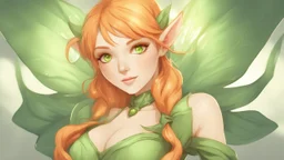 Cute woman Elf with orange hair and glowing green eyes She wears a light green dress