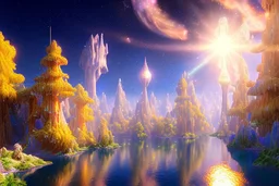 blue and gold crystal cosmic and galactic ambiance sky trees river lake, full of details, smooth, bright sunshine，soft light atmosphere, light effect，vaporwave colorful, concept art, smooth, extremely sharp detail, finely tuned detail, ultra high definition, 8 k, unreal engine 5, ultra sharp focus