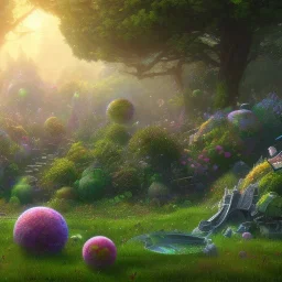 pixar style, volumetric summer garden environment and background, realistic painting of debris ufo, looking excited, volumetric lighting, dramatic lighting, detailed digital painting, extreme dense and fine fur, anime, ornate, colour-washed colors, elegant, small minutiae, tiny features, particulars, centered, smooth, sharp focus, renderman gofur render, 8k, uhd, detailed eyes, realistic shaded volumetric lighting, sunlight caustics, backlight, centered camera view