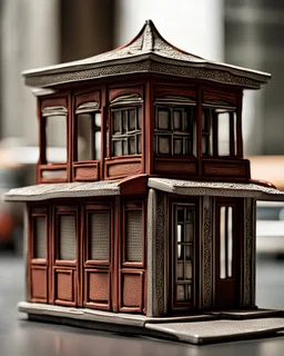 intricate minimalistic porcelian figurine of the vacant and empty street kiosk, circa 2000, 7cm height, solid, crocoite color palette, flat roof, one-story, one-room, silver mean composition, hyperdetailed, sophisticated, intricate details, contemporary urban art gallery