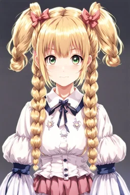 girl in costume with blonde hair and two pigtails, anime style