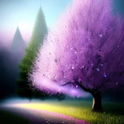 silver bark tree, pink and purple leaves, Model, glitter, fog