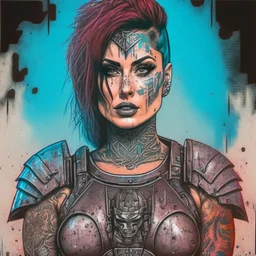 Fit tattooed woman mugshot, egirl vives, 80s comicbook style, knight armor, wasteland.