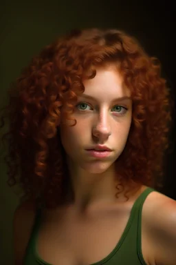 portarit of a young dark red curly hair girl, green eyes, wearing a beige tube top
