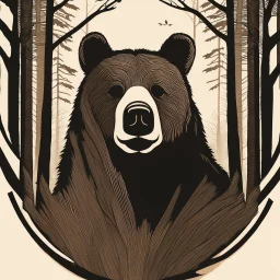 M shaped bear head combined with woods silhouette in backround, letterpress style, minimalistic pencil art