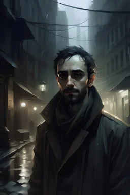 illustration, portrait, half bust, the strange case of Wifi lost ground, night, dark, noir, wet hair, detective, cold, winter, mistery, rain, suspence, thriller, crime, murder, alley, fog, dust, litter, looking at the camera