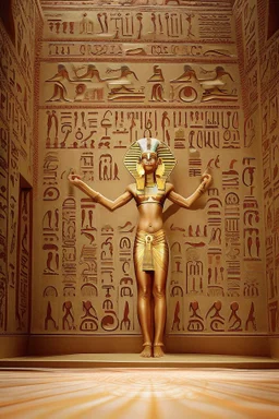 [ancien Egypt, real photography, pharaoh's throne room in background] The dance begins with slow, deliberate movements that mirror the rising sun over the horizon. Satiah's arms unfurl like delicate petals, capturing the essence of the lotus, a symbol of creation and rebirth. Her fingers trace intricate patterns in the air, evoking the cosmic dance of the heavens, where gods and stars move in a harmonious choreography. As the music's tempo quickens, Satiah's dance becomes more energetic and dyn