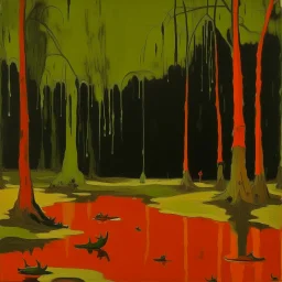 An olive green swamp with fiery orange frogs painted by Clyfford Still