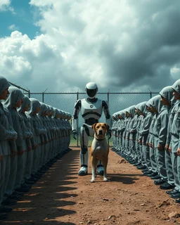 prisoners lined up in circle , one after another , in the middle a an Ai robot as guard with a dog , great quality picture with cinematic scenes , heavy clouds in the background
