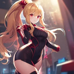 Clear focus,High resolution,High quality, Blonde One Ponytail hair, Red eyes, Wearing a techy outfit