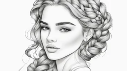 outline art for a gorgeous and sweet lady portrait, braid hairstyle, coloring page, white background, sketch style, only use outline, clean line art, white background, no shadows and clear and well outlined