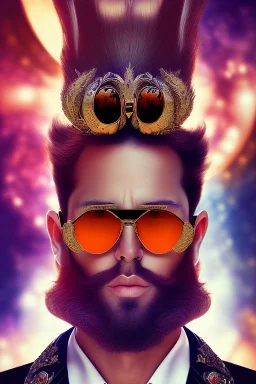 Artistic photo in the audacius style of Jill Greenberg, of man with a luxurious and striking style, abundance of jewelry, oversized sunglasses, neat black beard, feminine manirism, prints, desafiant, extravagant, barroque escene , impasto style with thick texture