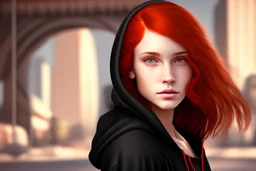 A sassy beautiful young woman with brown eyes and shoulder length red hair wearing a black hoodie. Realistic.