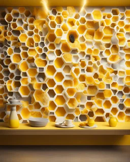 irtual photo wallpaper with honeycombs, a beautiful yellow background, false windows and bright pseudo-lights and spots on the walls, display shelves for products