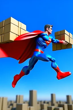 flying superman delivers pallets of goods by cartoons