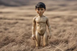 Naked plastic boy dolls that are all over the plains and hills. like oil painting