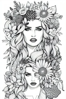 hyper detailed, black and white, thick line, coloring book illustration, lineart, stunningly beautiful woman in flowers