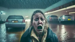 wide angle shot of crying woman leaving hotel parking lot