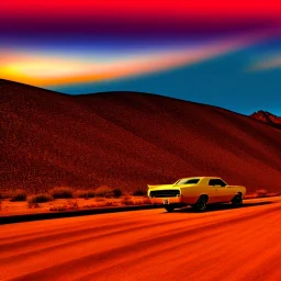 muscle car, desert road, sunset, full colour