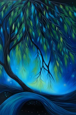 Acrylic painting of a willow in the middle, soft glowing leaves, cosmic background with a myriad of stars, negative space