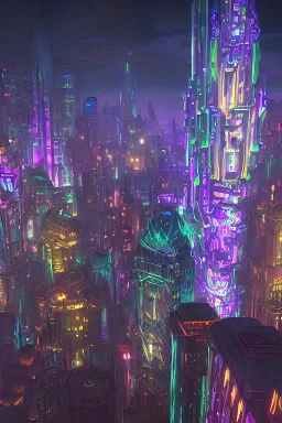 psychedelic skyscraper city detailed and intricate, mega, realistic, dark, night