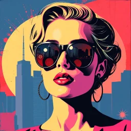 Pop art composition of a stylish woman wearing reflective sunglasses reflecting a city skyline, abstract shapes in background, classic advertising vibe, by Warhol