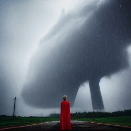 A princess standing. Epic scale. Heavy cold rain. Epic Thunderstorm. An engineer looking up. Futuristic scenary. Gray mist.