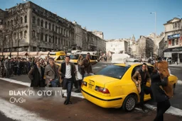 men models in a street in with a taxi