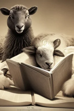 one black sheep reads a book on other site white sheep herd sleep going down