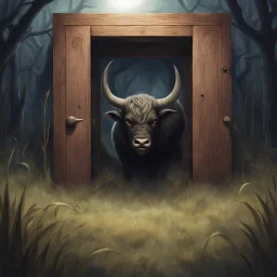 High concept art, horror movie aesthetic in the spirit of "Pan's Labrynth", (no text), fine digital illustration, in an empty field of knee-high grass is a wooden doorway revealing a portal of brilliant light, guarding doorway is a fearsome minitour holding an axe who has a television set on his head broadcasting a picture of a bull head, sinister, concept art, oddball masterpiece, sfumato, complex contrast, by Stephen Gammell