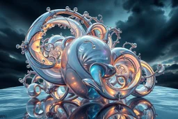 Dynamic complex hypnotic fractal 3D structures horizontal Symmetry twisting and morphing between organic and geometric forms , smooth translucent iridescent glass with inner glow and bubbles, varied transparent materials, stormy skies, intense dramatic