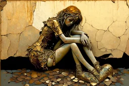 A sad and broken beautiful young woman is sitting on a stone holding a broken metal heart in her hands; perfect anatomically correct hands, perfect anatomically correct feet, mixed media collage, textured, layered, assemblage, inspired by Brian Viveros and Esao Andrews, elements of kintsugi on the edges of the heart with a gold and oxidized copper patina, backdrop of tumbleweeds and cacti interspersed with delicate flowers and subtle bokeh effects, the entire composition exuding an aura of grief