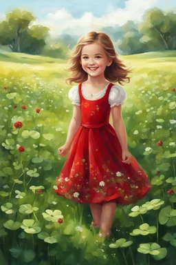 Adorable digital painting of a beautiful little girl in a gorgeous red dress smiling in a field surrounded by clover, high quality