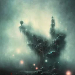 photographic camera in abstract style. fog and smoke in atmosphere. bokeh, lens flare. Dark mood. Dripping paint. oil on canvas, high detailed. beksinski