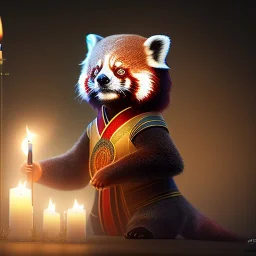 a cute litte red panda wearing Hanfu, holding a large candle, BK complex detail, cinema, reality, detail, octane rendering, stoic cinematic 4k epic detailed photograph shot on kodak detailed bokeh cinematic hbo dark moody 8k, 85mm f/16 by leica