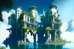 A futuristic ruined gothic building on an island floating over the sea with balconies, verandas, many arches, bridges, spires, paths, trees, dense foliage, spanish moss, ivy, blue sky, white clouds