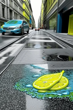 "street tart' depicts a technicolor lemon contrasting the grey icy pavement; frieze; dazzling