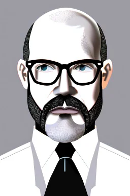 black and white,real estate agent,bald white male with grey beard,55 years old,metal frame glasses,, necktie,portly,detailed drawing,white background