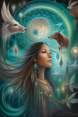 A portrait featuring surreal elements such as floating dreamcatchers, ethereal glow, or spirit animals, representing the subject's dreams or aspirations.