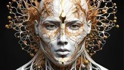 3D rendering of a head of an impressively detailed and complex hyper-realistic "human anatomy": scientific, single object, glossy white, shiny gold, vines, tribalism, black background, shamanism, cosmic fractals, octane rendering, 8k post-processing, detailed metallic bones, dendritic, artstation : Award Winning: Professional Portrait: Atmospheric: Commanding: Fantastic: Clarity: 16k: Ultra Quality: Astounding: Shine: Stunning Colors: Stunning Depth