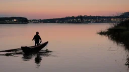 evening calm atmosphere, lake + moon, figure of a horse rider on the horizon