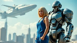 A full-body photograph of a young, slender woman with blond shoulder-length bob hair in a blue jumpsuit, standing in a futuristic cityscape with advanced spacecraft behind them, with a huge android in a huge metal exosuit with a helmet standing guard beside her.