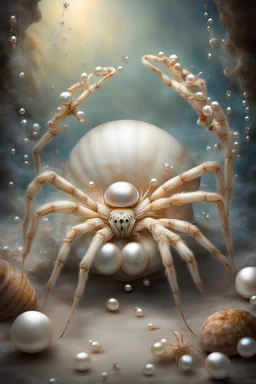 His imagination spiders surround a shell containing great, wonderful pearls, and the spiders are keen on this shell for the pearl in a wonderful, harmonious scene.