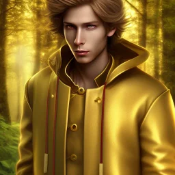 Male, Human, Blond, Sorcerer, Fire Mage, Golden Eyes, Young, Photorealism, Full Body Shot, Forest Background