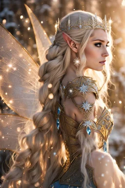 Elven princess,elven crown,long white blonde golden hair,rapunzel hair,ice flowers,beautiful,light blue,dark blue,golden armor,sparkle,glitter,ice flowers,snow,elven ears,dark fairy princess